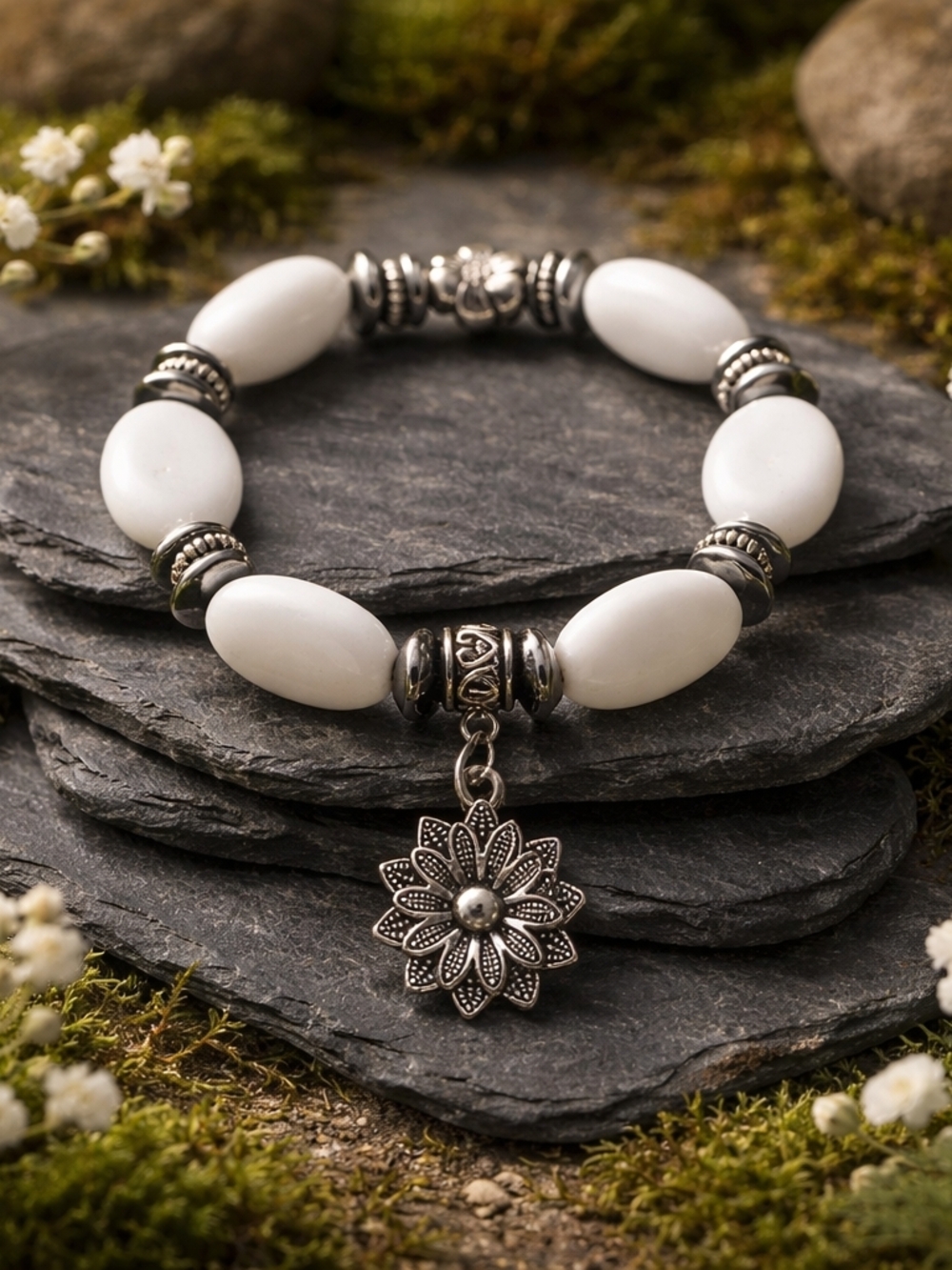 Handmade White Snow Quartz Bracelet With Hematite Accents And Flower Charm